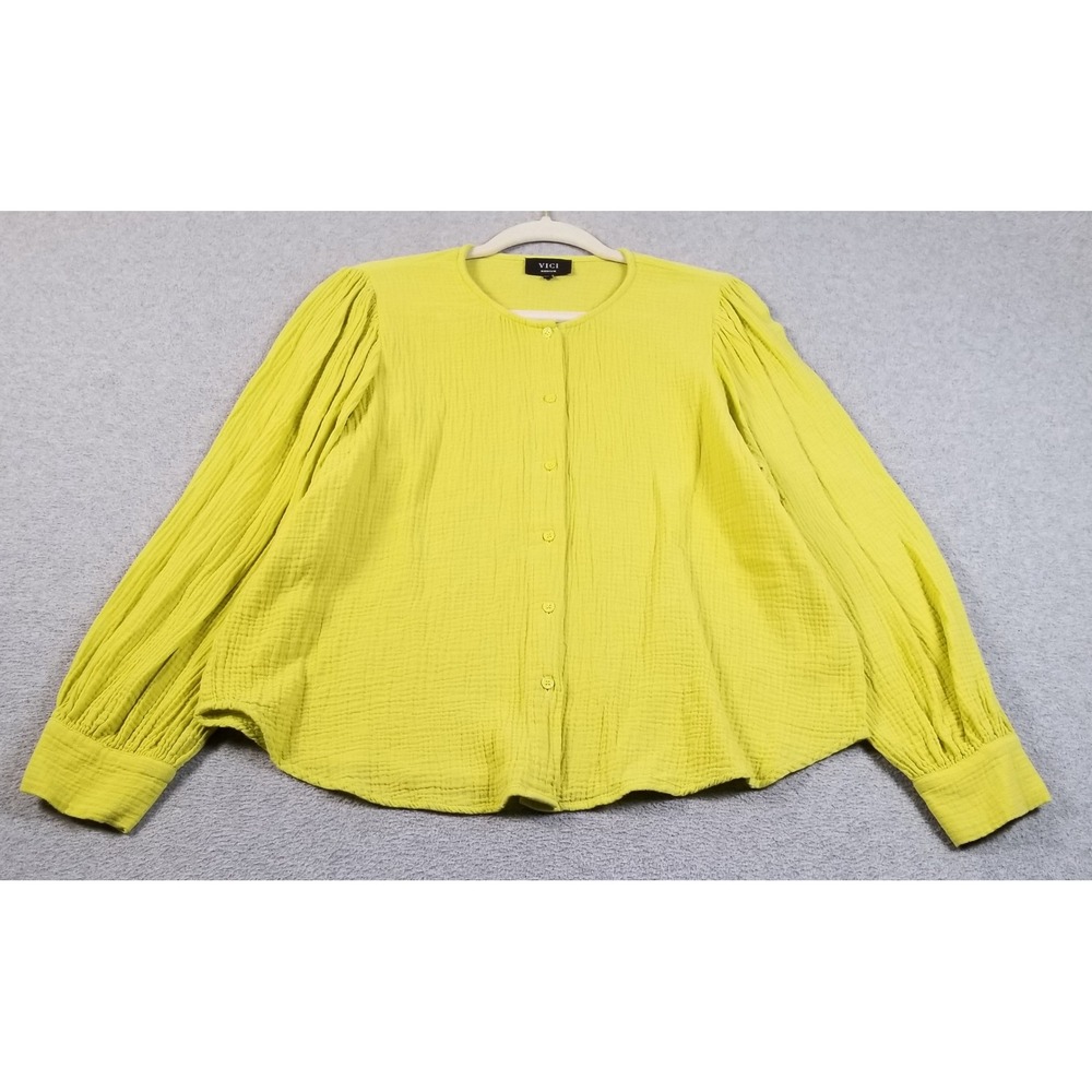 VICI Blouse Womens M Medium Yellow Green Cotton Gauze Button Up Long Sleeve Top